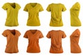 2 Set of woman yellow orange mustard tee t shirt v-neck slim cut, front back and side view on transparent cutout, PNG