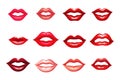 Set Womans Mouths With Red Lips Smiling On White Background. Generative AI