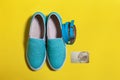 Set of women blue slip on shoes a belt and a credit card