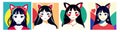 Set women with cat ears, rounded eyes, a screenprint, pop art. Cartoon avatar. Anime girl.