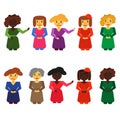 A set of women of different skin colors in colored dresses with hairstyles and different emotions in the style of flat. Royalty Free Stock Photo