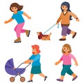 Set of women doing different things, walking a dog, walking, with a stroller, rollerblading, isolated object on a white