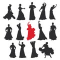 Set of women in dress stay in dancing pose. flamenco dancer Spanish regions of Andalusia, Extremadura and Murcia. black silhouette