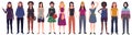 Set of women dressed in trendy casual clothes. Flat cartoon vector