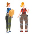 Set of women in exosuit. Help in lifting weights. Medical exoskeleton to help people with disabilities. Innovation in healthcare.