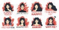 Set of women expressing various emotions with inspirational quotes. Collection of hand drawn girls faces. Stickers and