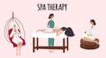 Set of women or girls on spa procedures. Flat girls relaxing after spa, girl is lying at the table on Thai massage.