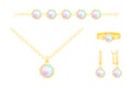 Set of women gold expensive jewelry with gem pearls. Vector collection of isolated necklace, chain, earrings and ring.