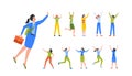 Set of Women with Hands Up, Female Characters Rejoice, Businesswoman with Briefcase, Girls Jumping, Celebrate Success