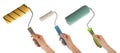 Set of women holding clean roller paint brushes on white background Royalty Free Stock Photo