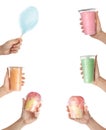 Set of women holding colorful yummy candy cotton on white background, closeup.