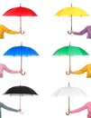 Set with women holding different color umbrellas