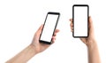 Set with women holding smartphones, closeup of hands. Space for text