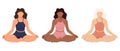 Set of women in the lotus position. Collection of girls doing yoga. African woman is meditating.