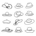 Set of Women and Man hats in line art style. Female sun protected hat. Vector icon isolated in white. Cowboy and mexican Royalty Free Stock Photo