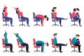 Set of women and men doing office chair exercises.