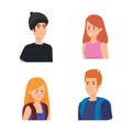 Set women and men with hairstyle and backpack