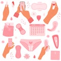 Set of women menstrual cycle. Menstruation theme. Various menses products. Zero waste objects