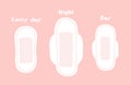 Set of women menstrual pads for everyday, night, day wear. Period pads flat illustrations set.