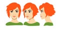 Set of women portrait three different angles. Close-up vector cartoon illustration. Different view front, profile, three Royalty Free Stock Photo