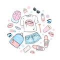 A set of women`s clothes. Teenage style. T-shirt with print in the form of lips, backpack, sneakers, watch, smartphone, cap, short