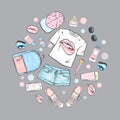 A set of women`s clothes. Teenage style. T-shirt with print in the form of lips, backpack, sneakers, watch, smartphone, cap, short