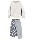 Set of women's clothing. Sweater with polka dots and a stylish skirt. Cozy, fashionable spring clothes.Cartoon, flat