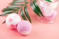 Set of women`s cosmetics for body care, pink bath bomb, skin salt Royalty Free Stock Photo