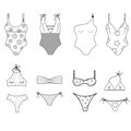 Set of women\'s different swimwear, isolated on the background in the style line. Swimsuit or bikini