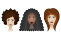 Set of women`s faces with different hairstyles and skin colors. Color vector illustration. Royalty Free Stock Photo