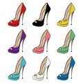 Set of women`s fashion shoes with very high heels with different colors. Shoes with an open toe. Design is suitable for icons