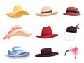 Set of women`s fashionable hats of different colors and styles in retro style. Elegant broad-brimmed hat, panama, gaucho