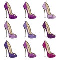 Set of women`s fashionable purple high-heeled shoes. Shoes with an open toe. Design suitable for icons