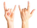 Set of women`s hands showing rock n roll sign or giving the devil horns gesture Royalty Free Stock Photo