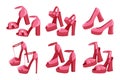 Set of women\'s high-heeled shoes in retro style. Collection of pink vintage shoes. Clothes and accessories. Illustration Royalty Free Stock Photo