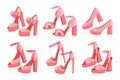 Set of women\'s high-heeled shoes in retro style. Collection of pink vintage shoes. Clothes and accessories. Illustration. Royalty Free Stock Photo