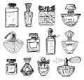 Set of Women`s perfume in a bottle. Beautiful fashionable glass accessory. Hand Drawn Sketch. Vintage style.