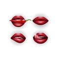 Set of Women`s red Lips stylish slightly open mouth isolated 3D realistic fashion layout.Lips with pepper, ulcers, bitten lips.