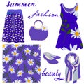 A set of women`s summer fashion items and a seamless pattern of daisies on a blue background