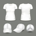 Set of women`s white t-shirt and cap in front and back views. Volumetric vector template. Royalty Free Stock Photo