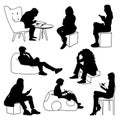 Set of women sitting in different poses. Monochrome vector illustration of silhouettes of women doing various things