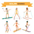 Set of women skiing in a bikini at the end of the winter resort Royalty Free Stock Photo