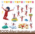 A set of women in sportswear on food events.There are actions that have a fork and a spoon and are having fun.It`s vector art so