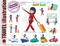 A set of women in sportswear on travel.There are also vehicles such as boats and airplanes.It`s vector art so it`s easy to edit