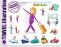 A set of women in sportswear on travel.There are also vehicles such as boats and airplanes.It`s vector art so it`s easy to edit