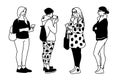 Set of women standing in different poses. Concept. Monochrome vector illustration of women doing various things standing