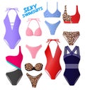 Set of women swimsuits, colorful bikini and monokini, beach clothes