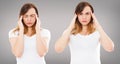 Set women with their eyes open and closed holding their heads on grey background, woman pain,suffering girl Royalty Free Stock Photo