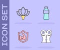 Set Women waist, Lotus flower, Bodybuilder muscle and Bottle of water icon. Vector Royalty Free Stock Photo