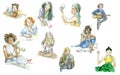 Set of womens characters hand-drawn by watercolor, isolated on white background. Art image of people hobby, profession